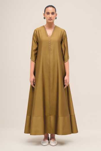 Buy_Ampm_Olive Green Organza, Chanderi, Satin V-neck Naghma Kurta Palazzo Set 