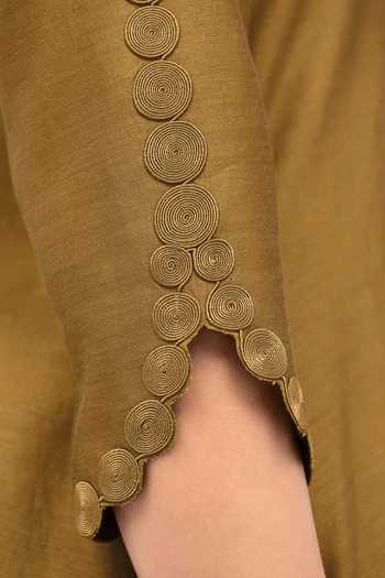 Shop_Ampm_Olive Green Organza, Chanderi, Satin V-neck Naghma Kurta Palazzo Set 