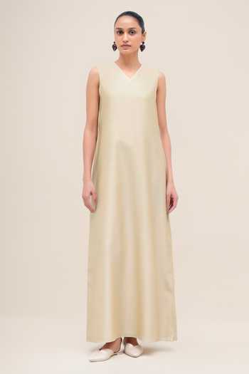 Buy_Ampm_Ivory Chanderi Open Neck Aayat Abaya And Inner Set _Online_at_Aza_Fashions