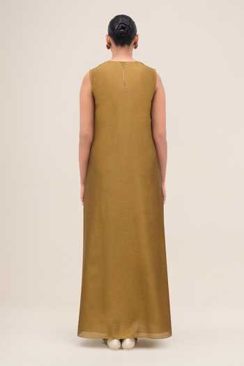 Ampm_Olive Green Chanderi V-neck Aayat Abaya And Inner Set _Online_at_Aza_Fashions