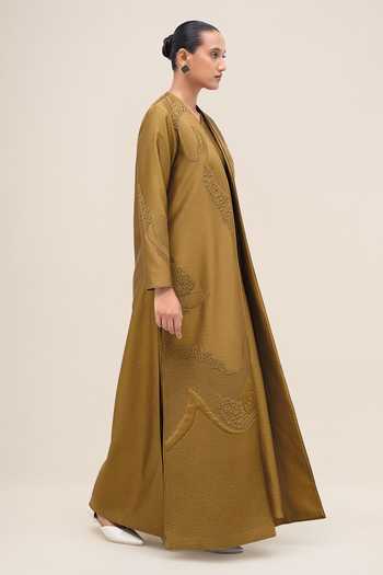 Buy_Ampm_Olive Green Chanderi V-neck Aayat Abaya And Inner Set _Online_at_Aza_Fashions