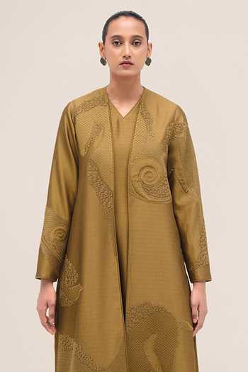 Shop_Ampm_Olive Green Chanderi V-neck Aayat Abaya And Inner Set 