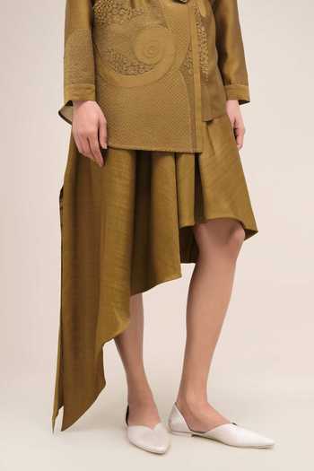 Ampm_Olive Green Silk Collared Neck Akina Shirt And Skirt Set _Online_at_Aza_Fashions