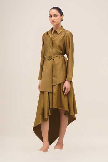 Buy_Ampm_Olive Green Silk Collared Neck Akina Shirt And Skirt Set _Online_at_Aza_Fashions
