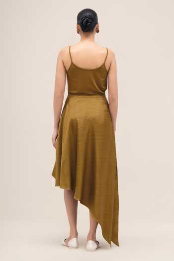 Shop_Ampm_Olive Green Silk Collared Neck Akina Shirt And Skirt Set _Online_at_Aza_Fashions
