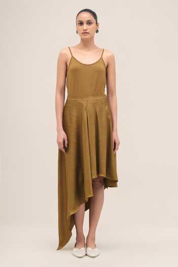 Ampm_Olive Green Silk Collared Neck Akina Shirt And Skirt Set _at_Aza_Fashions