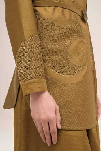 Buy_Ampm_Olive Green Silk Collared Neck Akina Shirt And Skirt Set 