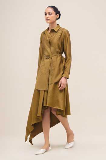 Shop_Ampm_Olive Green Silk Collared Neck Akina Shirt And Skirt Set 