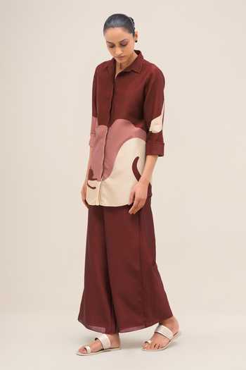 Ampm_Red Chanderi Collared Neck Rania Shirt Palazzo Set _Online_at_Aza_Fashions