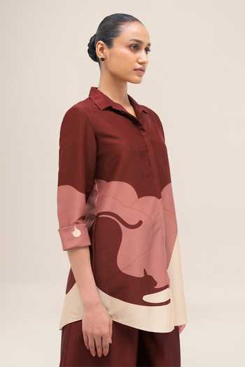 Buy_Ampm_Red Chanderi Collared Neck Rania Shirt Palazzo Set _Online_at_Aza_Fashions