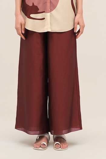 Shop_Ampm_Red Chanderi Collared Neck Rania Shirt Palazzo Set _Online_at_Aza_Fashions