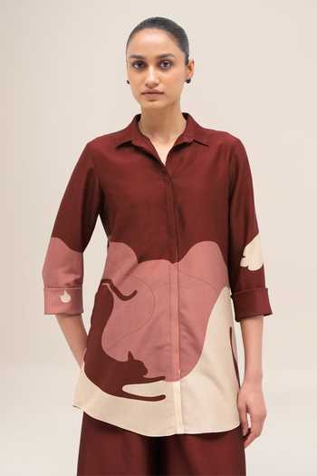 Buy_Ampm_Red Chanderi Collared Neck Rania Shirt Palazzo Set 