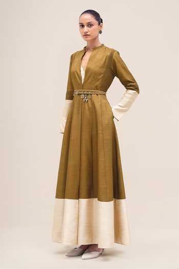 Shop_Ampm_Olive Green Silk Mandarin Collar, Yes Zahra Abaya And Pant Set _Online_at_Aza_Fashions