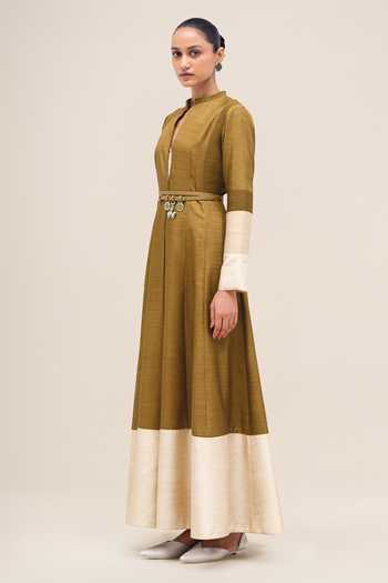Shop_Ampm_Olive Green Silk Mandarin Collar, Yes Zahra Abaya And Pant Set 