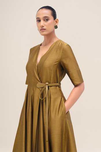 Shop_Ampm_Olive Green Chanderi V-neck Alizeh Dress _Online_at_Aza_Fashions