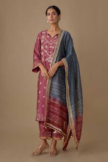 Sheeshakari Burgundy Silk V-neck, Yes Hand Embroidered Kurta Pant Set Online at Aza Fashions Sheeshakari_Burgundy Silk V-neck, Yes Hand Embroidered Kurta Pant Set _Online_at_Aza_Fashions