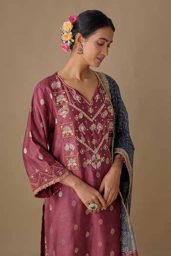 Shop Sheeshakari Burgundy Silk V-neck, Yes Hand Embroidered Kurta Pant Set Online at Aza Fashions Shop_Sheeshakari_Burgundy Silk V-neck, Yes Hand Embroidered Kurta Pant Set _Online_at_Aza_Fashions