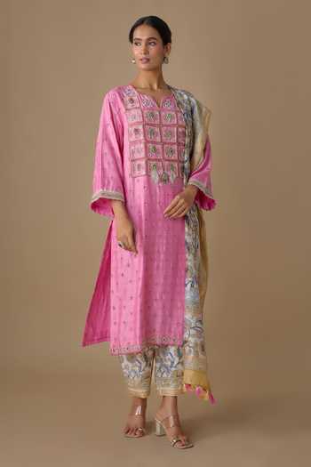 Sheeshakari_Pink Silk Split V-neck Mirror Embroidered Kurta Set _Online_at_Aza_Fashions