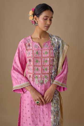 Shop_Sheeshakari_Pink Silk Split V-neck Mirror Embroidered Kurta Set _Online_at_Aza_Fashions