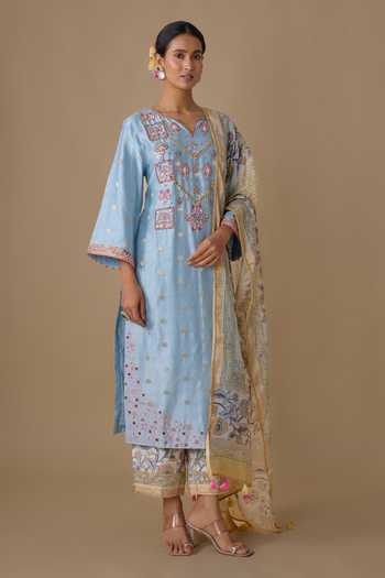 Sheeshakari Blue Silk Split V-neck, Yes Floral Embroidered Kurta Set Online at Aza Fashions Sheeshakari_Blue Silk Split V-neck, Yes Floral Embroidered Kurta Set _Online_at_Aza_Fashions