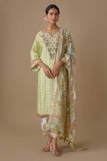 Sheeshakari_Green Silk Split V-neck Hand Embroidered Kurta Set _Online_at_Aza_Fashions