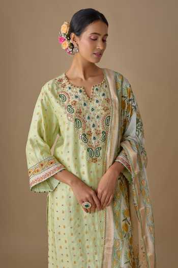 Shop_Sheeshakari_Green Silk Split V-neck Hand Embroidered Kurta Set _Online_at_Aza_Fashions