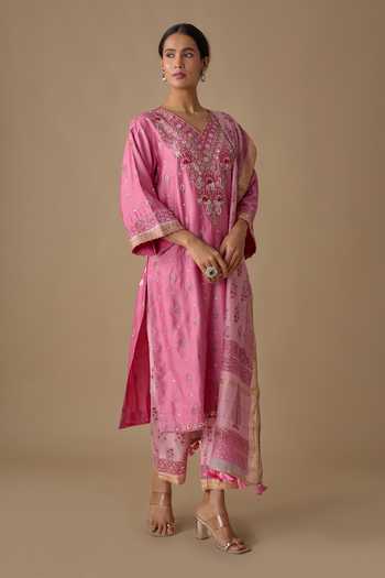 Sheeshakari_Pink Silk V-neck Bead Embroidered Kurta Set _Online_at_Aza_Fashions