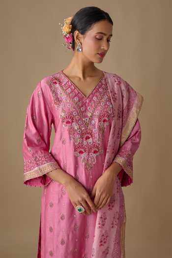 Shop_Sheeshakari_Pink Silk V-neck Bead Embroidered Kurta Set _Online_at_Aza_Fashions