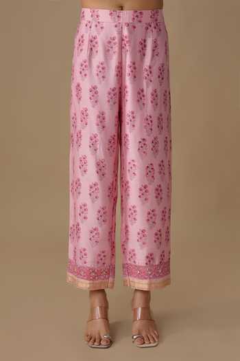Buy_Sheeshakari_Pink Silk V-neck Aari Embroidered Kurta Set _Online_at_Aza_Fashions