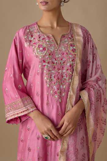 Shop_Sheeshakari_Pink Silk V-neck Aari Embroidered Kurta Set _Online_at_Aza_Fashions