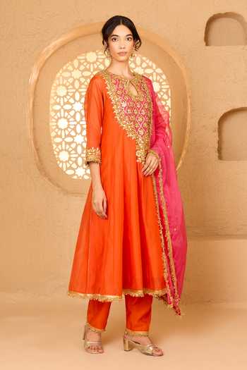 Saina Kapoor Orange Cotton, Organza, Chanderi, Viscose Floral Embellished Anarkali Set Online at Aza Fashions Saina Kapoor_Orange Cotton, Organza, Chanderi, Viscose Floral Embellished Anarkali Set _Online_at_Aza_Fashions