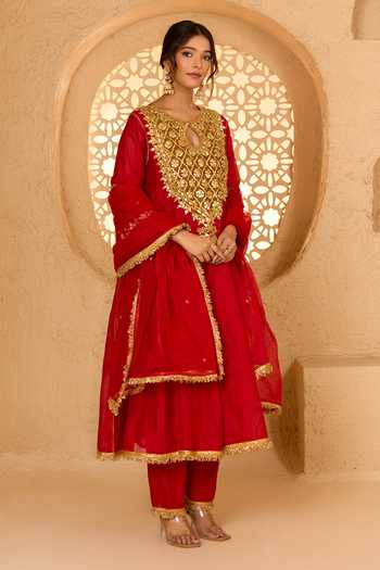 Buy Saina Kapoor Red Cotton, Organza, Chanderi, Viscose Gota Patti Embellished Anarkali Set Online at Aza Fashions Buy_Saina Kapoor_Red Cotton, Organza, Chanderi, Viscose Gota Patti Embellished Anarkali Set _Online_at_Aza_Fashions