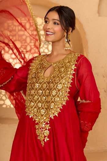 Shop Saina Kapoor Red Cotton, Organza, Chanderi, Viscose Gota Patti Embellished Anarkali Set Online at Aza Fashions Shop_Saina Kapoor_Red Cotton, Organza, Chanderi, Viscose Gota Patti Embellished Anarkali Set _Online_at_Aza_Fashions