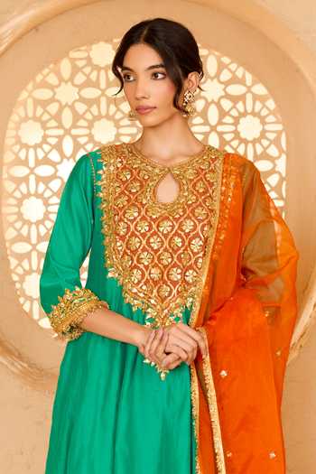Shop Saina Kapoor Green Cotton, Organza, Chanderi, Viscose Keyhole Neck Sequin Work Anarkali Set Online at Aza Fashions Shop_Saina Kapoor_Green Cotton, Organza, Chanderi, Viscose Keyhole Neck Sequin Work Anarkali Set _Online_at_Aza_Fashions