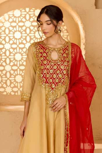 Shop saina kapoor Beige Cotton, Organza, Chanderi, Viscose Keyhole Moti Embroidered Anarkali Set Online at Aza Fashions Shop_saina kapoor_Beige Cotton, Organza, Chanderi, Viscose Keyhole Moti Embroidered Anarkali Set _Online_at_Aza_Fashions