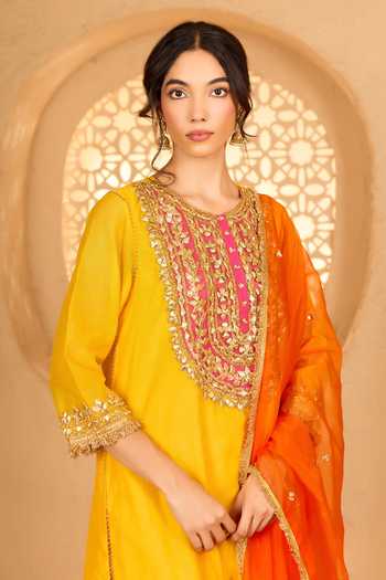Buy saina kapoor Yellow Cotton, Organza, Chanderi, Viscose Round Neck Yoke Embroidered Kurta Set Online at Aza Fashions Buy_saina kapoor_Yellow Cotton, Organza, Chanderi, Viscose Round Neck Yoke Embroidered Kurta Set _Online_at_Aza_Fashions