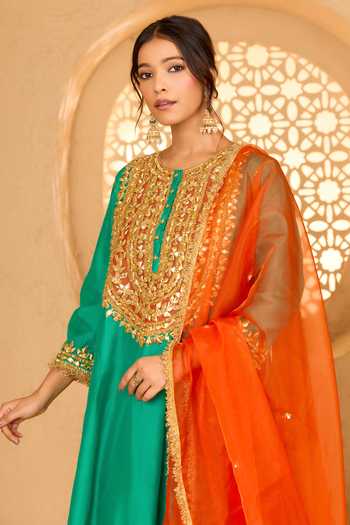 Buy saina kapoor Green Cotton, Organza, Chanderi, Viscose Round Gota Patti Embroidered Kurta Set Online at Aza Fashions Buy_saina kapoor_Green Cotton, Organza, Chanderi, Viscose Round Gota Patti Embroidered Kurta Set _Online_at_Aza_Fashions