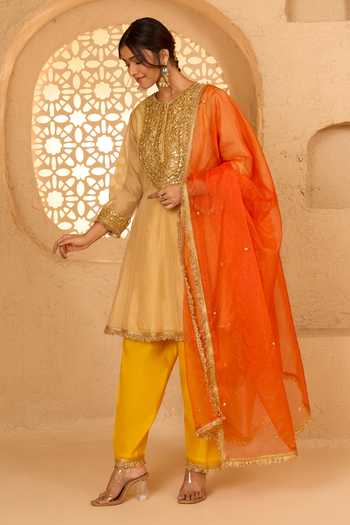 Buy saina kapoor Beige Cotton, Organza, Chanderi, Viscose Embroidered Short Anarkali Salwar Set Online at Aza Fashions Buy_saina kapoor_Beige Cotton, Organza, Chanderi, Viscose Embroidered Short Anarkali Salwar Set _Online_at_Aza_Fashions