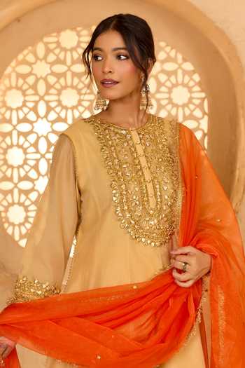 Shop saina kapoor Beige Cotton, Organza, Chanderi, Viscose Embroidered Short Anarkali Salwar Set Online at Aza Fashions Shop_saina kapoor_Beige Cotton, Organza, Chanderi, Viscose Embroidered Short Anarkali Salwar Set _Online_at_Aza_Fashions