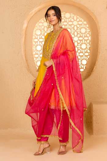 saina kapoor Yellow Cotton, Organza, Chanderi, Viscose Round Placket Embroidered Anarkali Set Online at Aza Fashions saina kapoor_Yellow Cotton, Organza, Chanderi, Viscose Round Placket Embroidered Anarkali Set _Online_at_Aza_Fashions