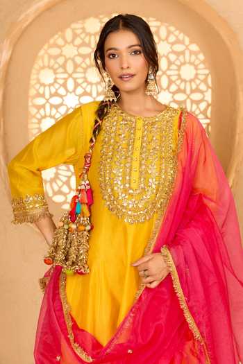 Buy saina kapoor Yellow Cotton, Organza, Chanderi, Viscose Round Placket Embroidered Anarkali Set Online at Aza Fashions Buy_saina kapoor_Yellow Cotton, Organza, Chanderi, Viscose Round Placket Embroidered Anarkali Set _Online_at_Aza_Fashions