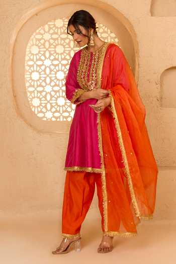 saina kapoor Fuchsia Cotton, Organza, Chanderi, Viscose Round Gota Patti Work Anarkali Set Online at Aza Fashions saina kapoor_Fuchsia Cotton, Organza, Chanderi, Viscose Round Gota Patti Work Anarkali Set _Online_at_Aza_Fashions