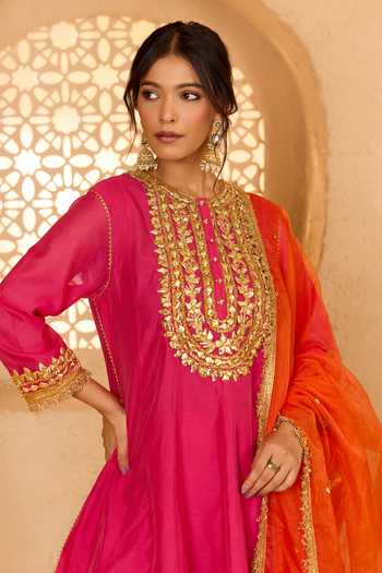 Buy saina kapoor Fuchsia Cotton, Organza, Chanderi, Viscose Round Gota Patti Work Anarkali Set Online at Aza Fashions Buy_saina kapoor_Fuchsia Cotton, Organza, Chanderi, Viscose Round Gota Patti Work Anarkali Set _Online_at_Aza_Fashions