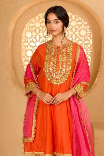 Shop saina kapoor Orange Cotton, Organza, Chanderi, Viscose Round Embroidered Anarkali Salwar Set Online at Aza Fashions Shop_saina kapoor_Orange Cotton, Organza, Chanderi, Viscose Round Embroidered Anarkali Salwar Set _Online_at_Aza_Fashions