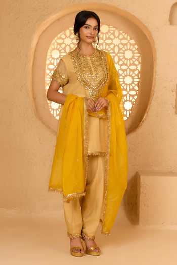 Buy saina kapoor Beige Cotton, Organza, Chanderi, Viscose Round Sequin Embroidered Kurta Set Online at Aza Fashions Buy_saina kapoor_Beige Cotton, Organza, Chanderi, Viscose Round Sequin Embroidered Kurta Set _Online_at_Aza_Fashions