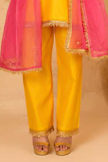 saina kapoor Yellow Cotton, Organza, Chanderi, Viscose Halter Neck Embroidered Kurta Pant Set Online at Aza Fashions saina kapoor_Yellow Cotton, Organza, Chanderi, Viscose Halter Neck Embroidered Kurta Pant Set _Online_at_Aza_Fashions