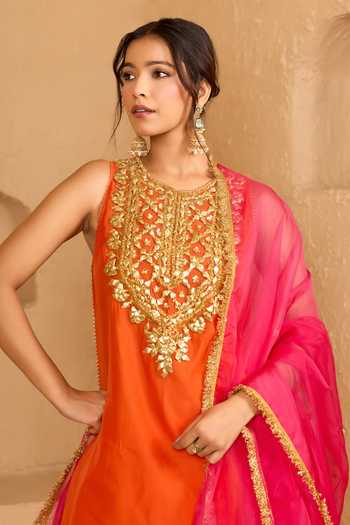 Shop saina kapoor Orange Cotton, Organza, Chanderi, Viscose Gota Patti Embroidered Kurta Set Online at Aza Fashions Shop_saina kapoor_Orange Cotton, Organza, Chanderi, Viscose Gota Patti Embroidered Kurta Set _Online_at_Aza_Fashions