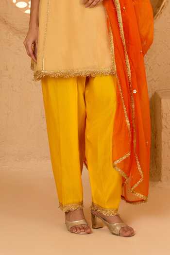 saina kapoor Beige Cotton, Organza, Chanderi, Viscose Round Neck, Embroidered Short Kurta Set Online at Aza Fashions saina kapoor_Beige Cotton, Organza, Chanderi, Viscose Round Neck, Embroidered Short Kurta Set _Online_at_Aza_Fashions