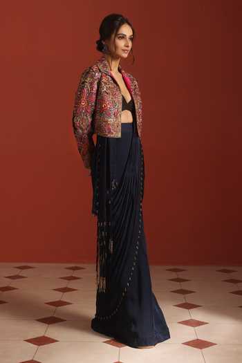 Rishi And Soujit Blue Silk, Satin, Bemberg Plunge Embroidered Pre-draped Saree Set With Jacket Online at Aza Fashions Rishi And Soujit_Blue Silk, Satin, Bemberg Plunge Embroidered Pre-draped Saree Set With Jacket _Online_at_Aza_Fashions