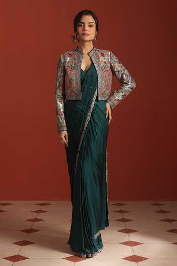 Rishi And Soujit Embroidered Pre-Draped Saree Set With Jacket 